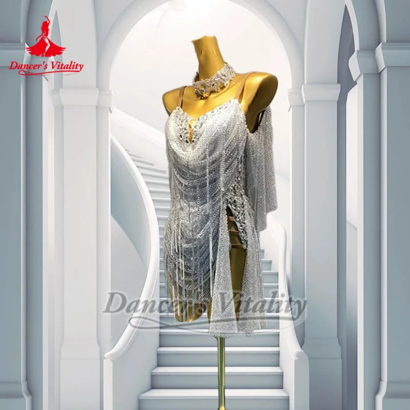 Latin Sexy Contest Mesh Tassels Dresses with Necklace Dancer's Vitality Adult Chacha Samba Salsa Perform Sling Clothing Custom