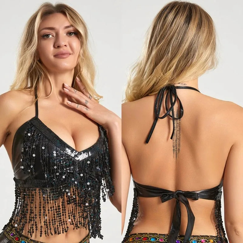 Halloween Party Show Nightclub Performance Sequin Tassel Costume Top Latin Belly Dance Bra Vest Stage Fringe Halter Crop Tank