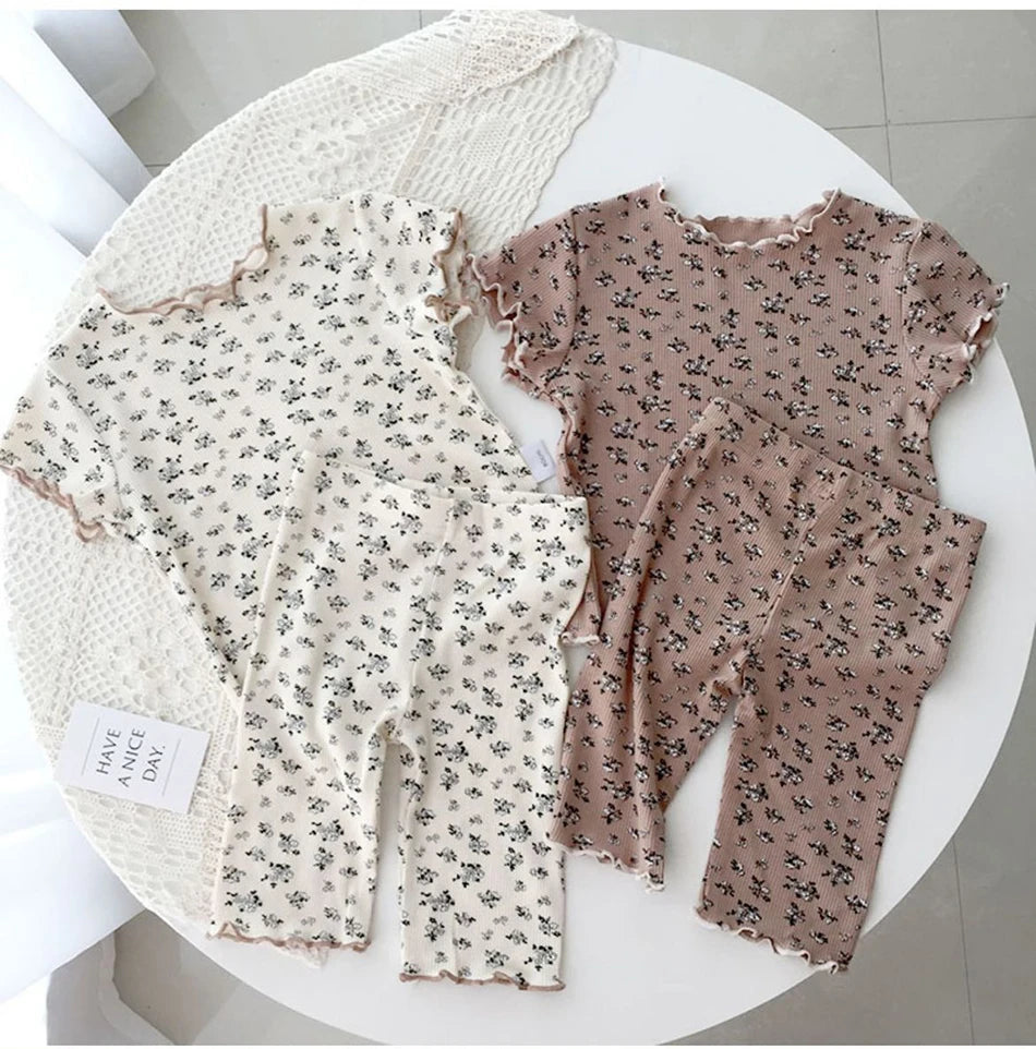 Girls Summer Pajamas Set Short Sleeve Shorts Floral Korean Style Rayon Two Piece Sleepwear Home Loungewear Kids Nightwear Outfit