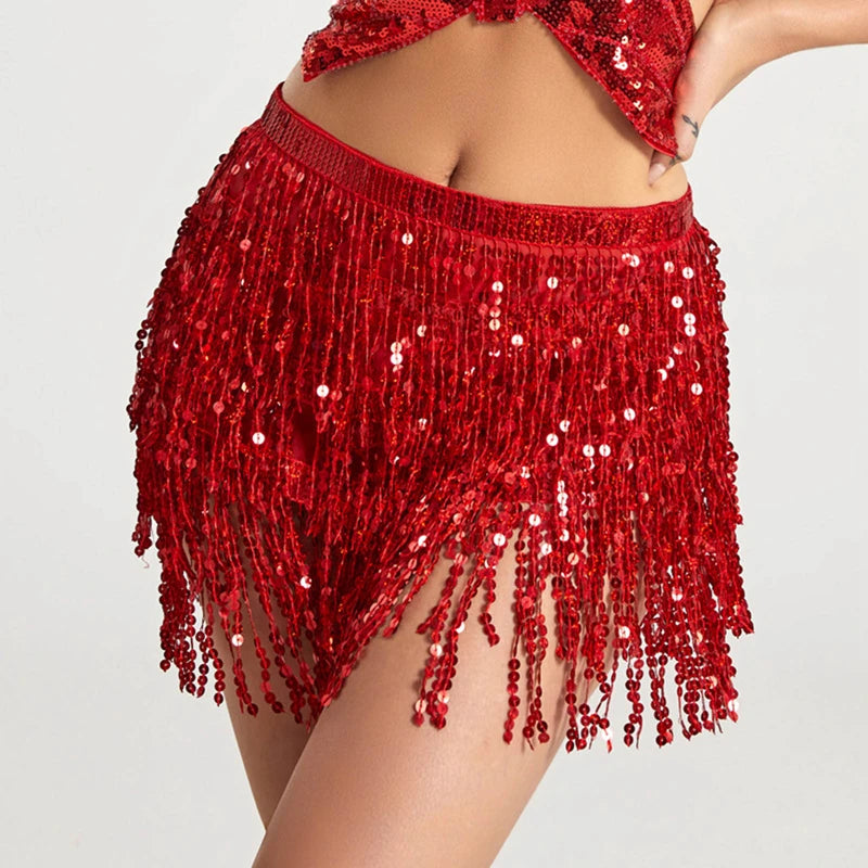 Latin Dance Hula Short Skirt Dress Stage Carnival Party Performance Hip Scarf Three-Layer Tassel Belly Dance Sequins Waist Chain