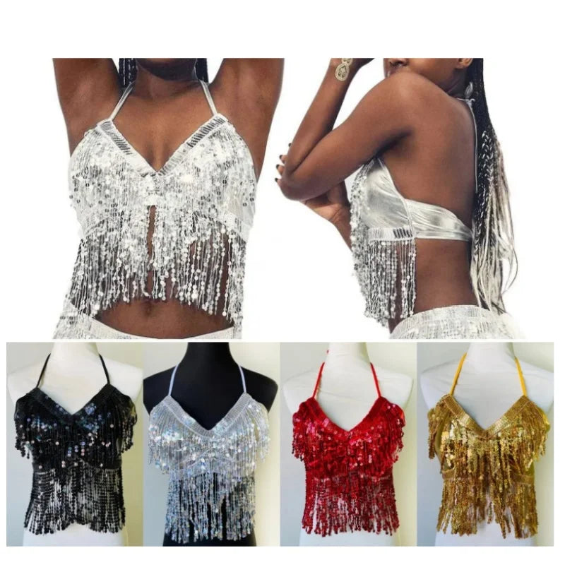 Halloween Party Show Nightclub Performance Sequin Tassel Costume Top Latin Belly Dance Bra Vest Stage Fringe Halter Crop Tank