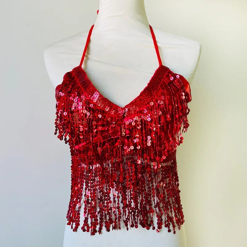 Halloween Party Show Nightclub Performance Sequin Tassel Costume Top Latin Belly Dance Bra Vest Stage Fringe Halter Crop Tank