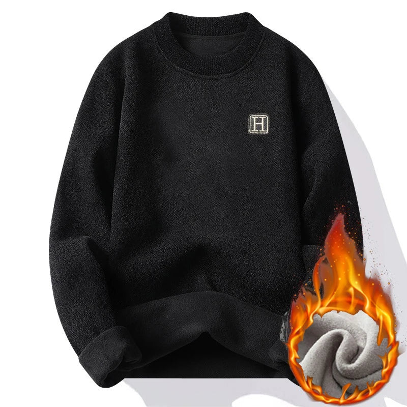 Men New Long Sleeve Knit Pullover Sweater Autumn Winter Thermal Warm Classic Sweater Lightweight Fleece Lined Thickened Sweater