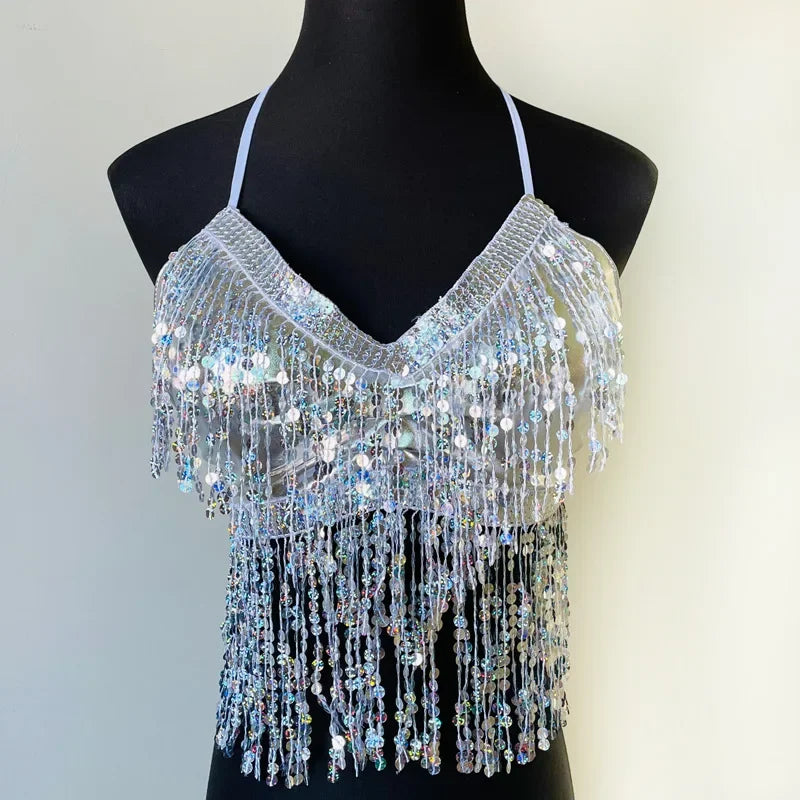 Halloween Party Show Nightclub Performance Sequin Tassel Costume Top Latin Belly Dance Bra Vest Stage Fringe Halter Crop Tank